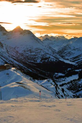 Sonnenuntergang Lech Zurs am Arlberg Ski Österreichische Alpen Österreich Berg Fotodruck
