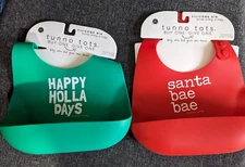 NEW Lot of 2 tunno tots Silicone Bibs: Happy Holla Days  + Santa Bae Bae