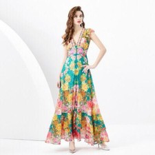 Womens Sleeveless Retro Deep V-neck Floral Print Long Maxi Dresses Holiday Beach