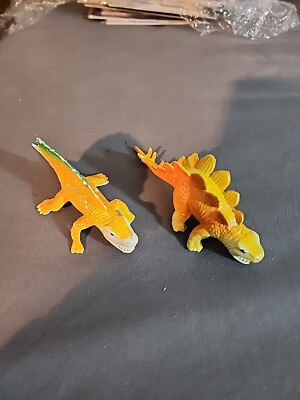 2 Small Tall Multicolored Plastic Dinosaurs Figure Play Toy 3'' Long See Pics