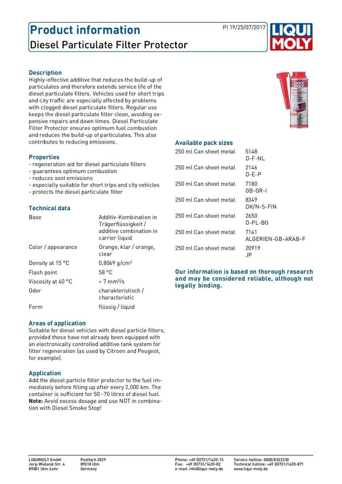 2 X Liqui Moly Diesel Particulate Filter Protector DPF Cleaner Regenerator 250ml - Image 2 of 4