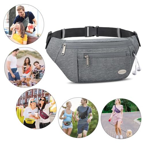 Riñonera Entchin para Mujer Hombre, Bandolera con 4 Bolsillos con Cremallera, Gris - Imagen 6 de 6