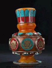 5.2 " Old Tibet Buddhism beeswax Inlay Turquoise eight treasures Pattern Vase