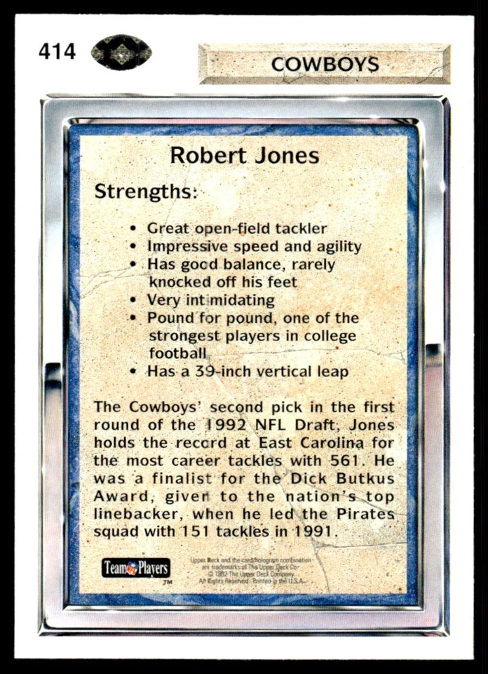 1992 Upper Deck Robert Jones Rookie Dallas Cowboys #414 RF - Image 2 of 2