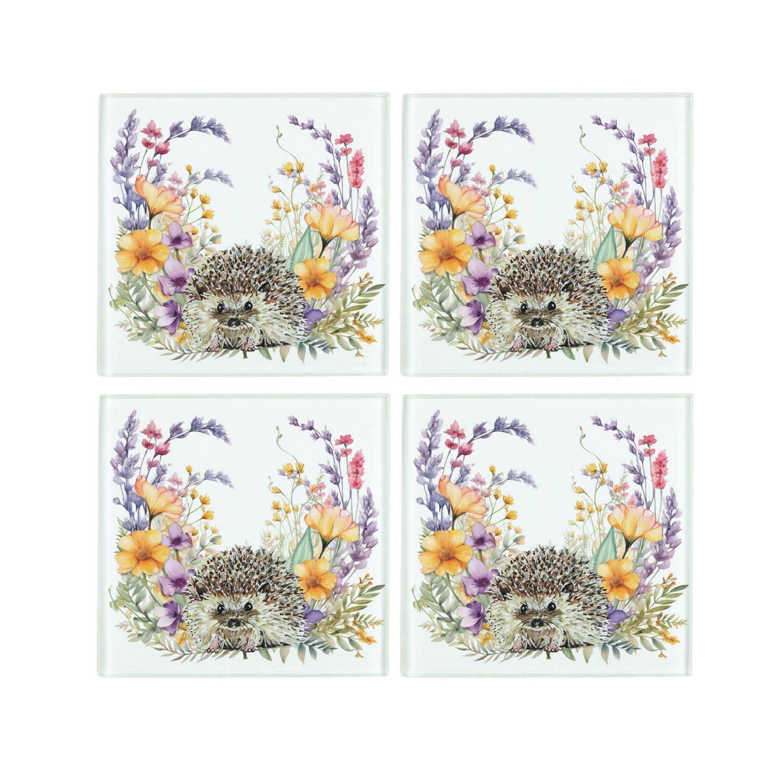 Floral Hedgehog Glass Coaster Set - Wildlife Animal Gifts - Set of Four
