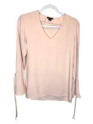 Roz & Ali Light Pink V-Neck Tied Bell Sleeve Flowy Polyester Blouse, Size Small