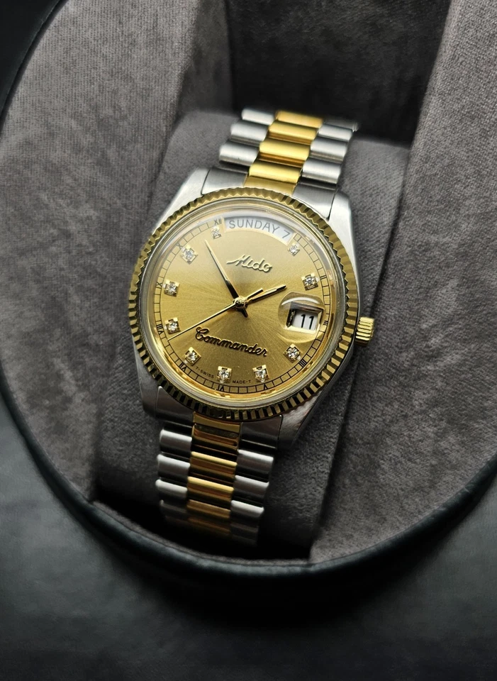 Reloj Automático Vintage Mido Años 80 Commander Día-Fecha Dos Tonos Esfera Diamante  Foto 4 de 4