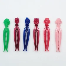 6 Vintage Roger's Clean Grip 3 5/8" Clothes Pins: Man, Lady, Dog, Cat & 2 Girls