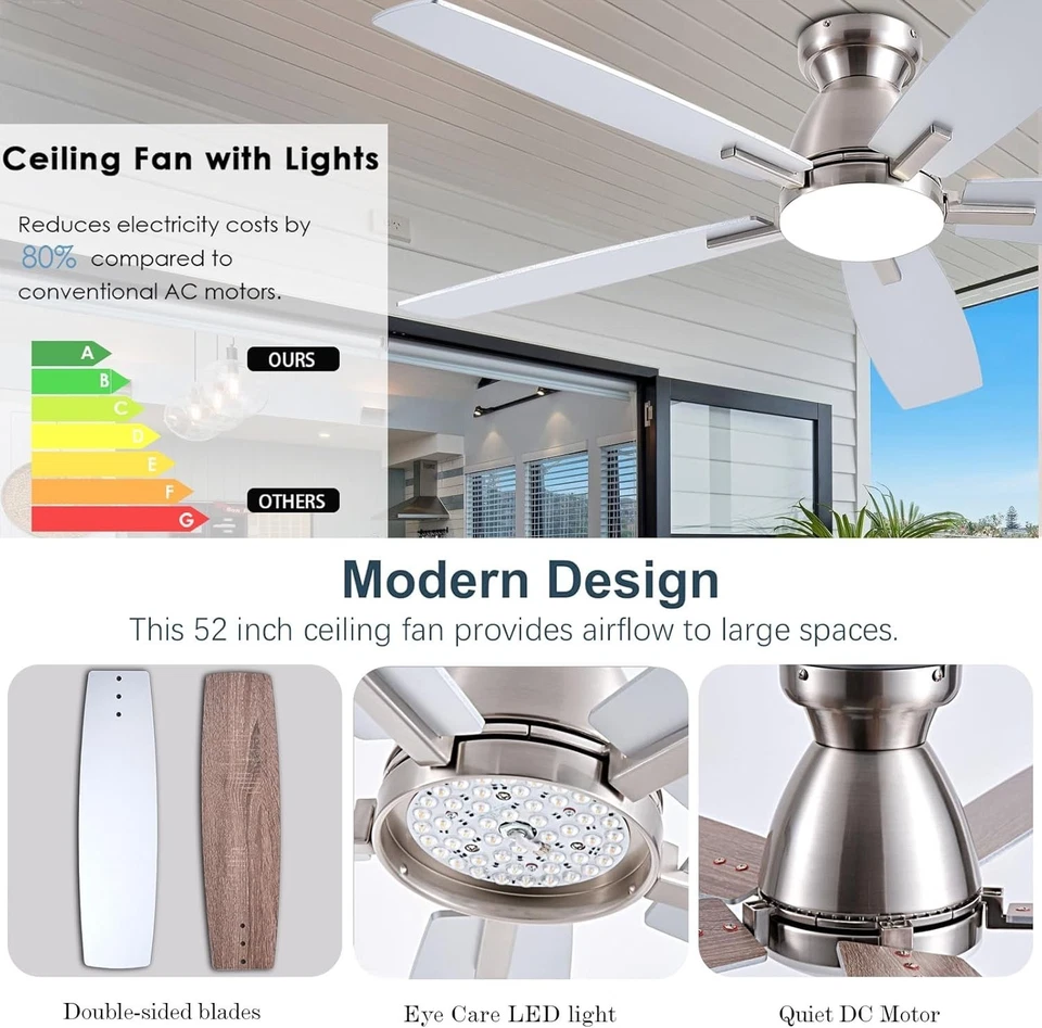 Ceiling Fans with Lights, 52 Inch Low Profile Ceiling Fan with Light and Remote - Image 3 of 4
