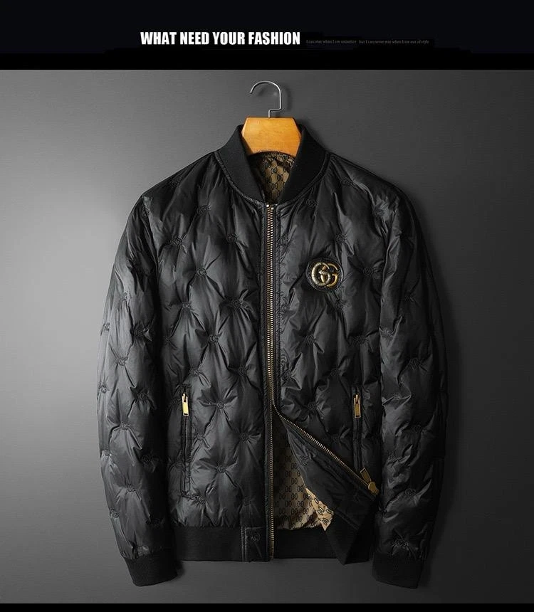 Black Quilted Bomber Jacket Men's Gold Tone Interlocking Puffer Men padded Coat