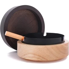 Portable Windproof Ashtray with Lid Wooden Cute Decorative Tray for Home Patio