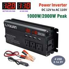1000W Car Power Inverter 12V DC to 110V AC Converter 3 US Outlets 4 USB Ports