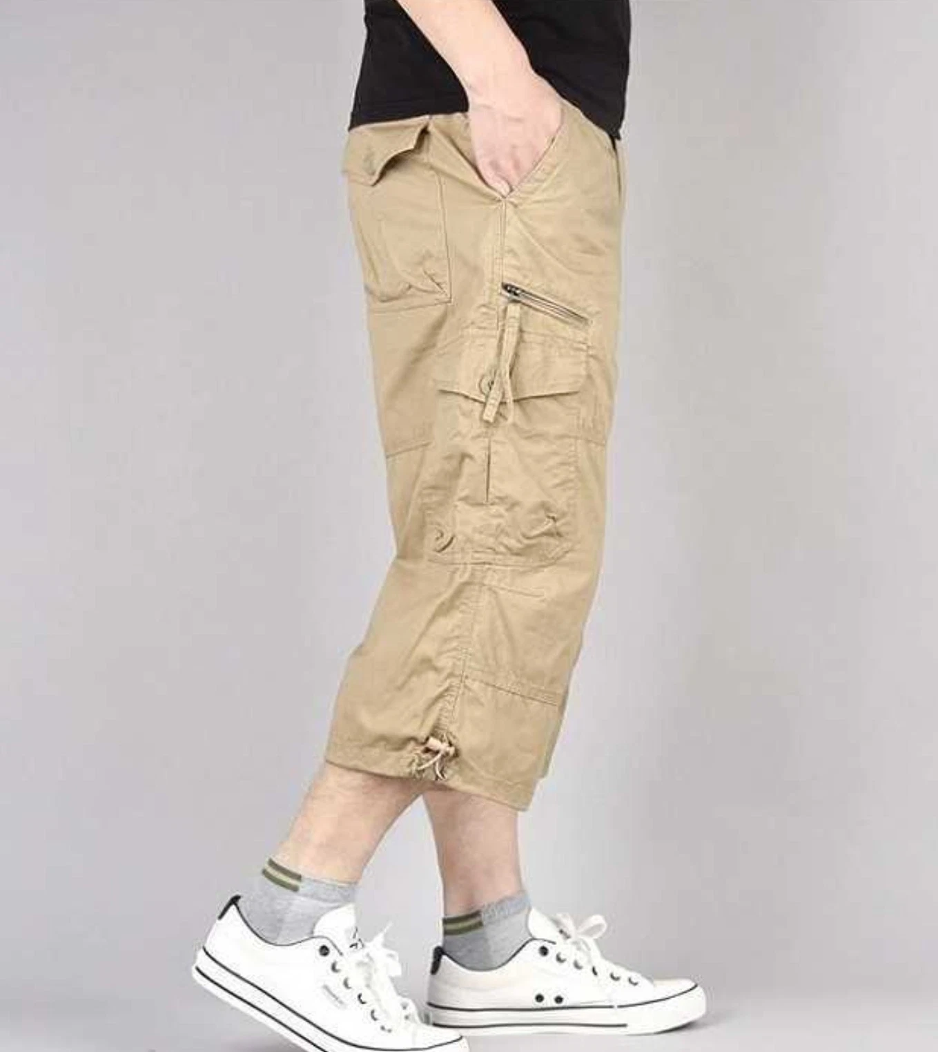 Mens 3/4 Long Length Shorts Elasticated Waist Cargo Combat Three Quarter Pants