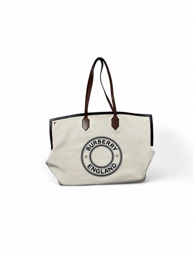 AUTHENTIC BURBERRY Logo Graphic Society Tote Bag White/Brown Canvas/Leather