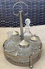 Vintage Cruet Set Salt Pepper Oil Vinegar Holder Frame Glass Crystal Silverplate