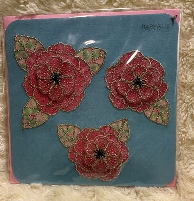 Papyrus BLANK Card All Occasion Layered Fabric Embroidered Flowers Lovely Square