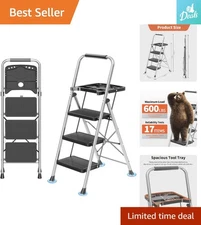 Sturdy 3 Step Folding Ladder with Wide Pedals and Tool Platform - 600lbs Support
