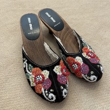 Vintage Miu Miu Archive Floral Rhinestone Shearling Lined Clogs Mules 38.5