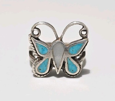 Older Southwestern Sterling Butterfly Ring, Turquoise & MOP Inlay, Unmarked 925