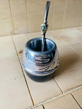 Mate Cup Vintage Engraved Black Aluminum Argentine Yerba Mate Gourd Set Straw