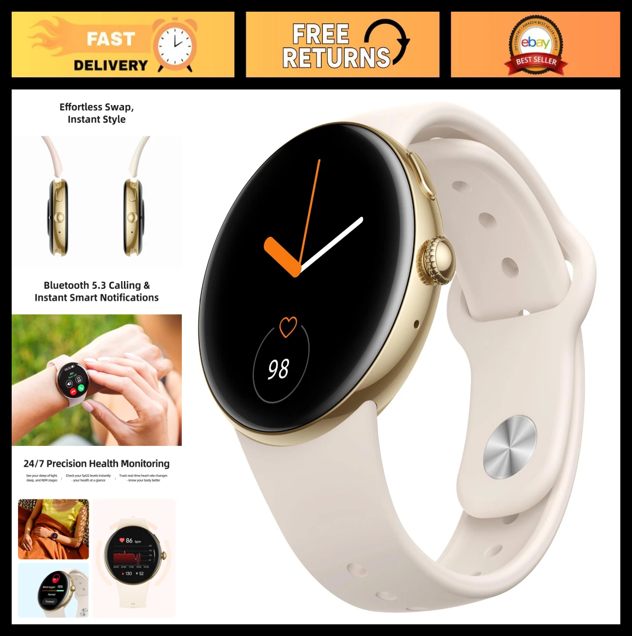 AMOLED Smart Watch for Men & Women, Fitness Tracker, Heart Rate Monitor, Calls,