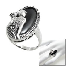 925 Sterling Silver 27mm Oval Onyx Marcasite Lovely Lady Ring Size 5-9