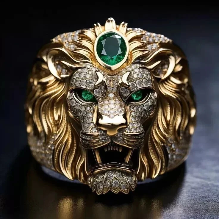 Anillo cabeza de león para hombre esmeralda de corte ovalado de 3,50 quilates enchapado en oro amarillo de 14 quilates Foto 2 de 4