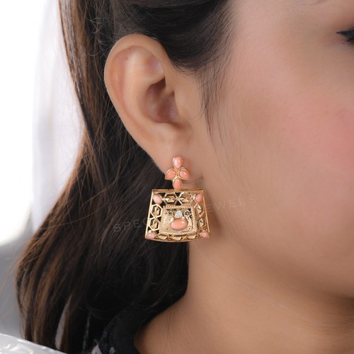 SI/H Diamond Coral Gemstone Dangle Earrings 18k Yellow Solid Gold 5.42 Tcw - Picture 4 of 10