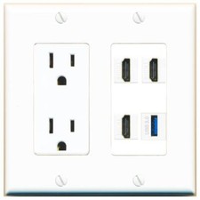 3 HD USB-3 Port Wall Plate w/Power Outlet White