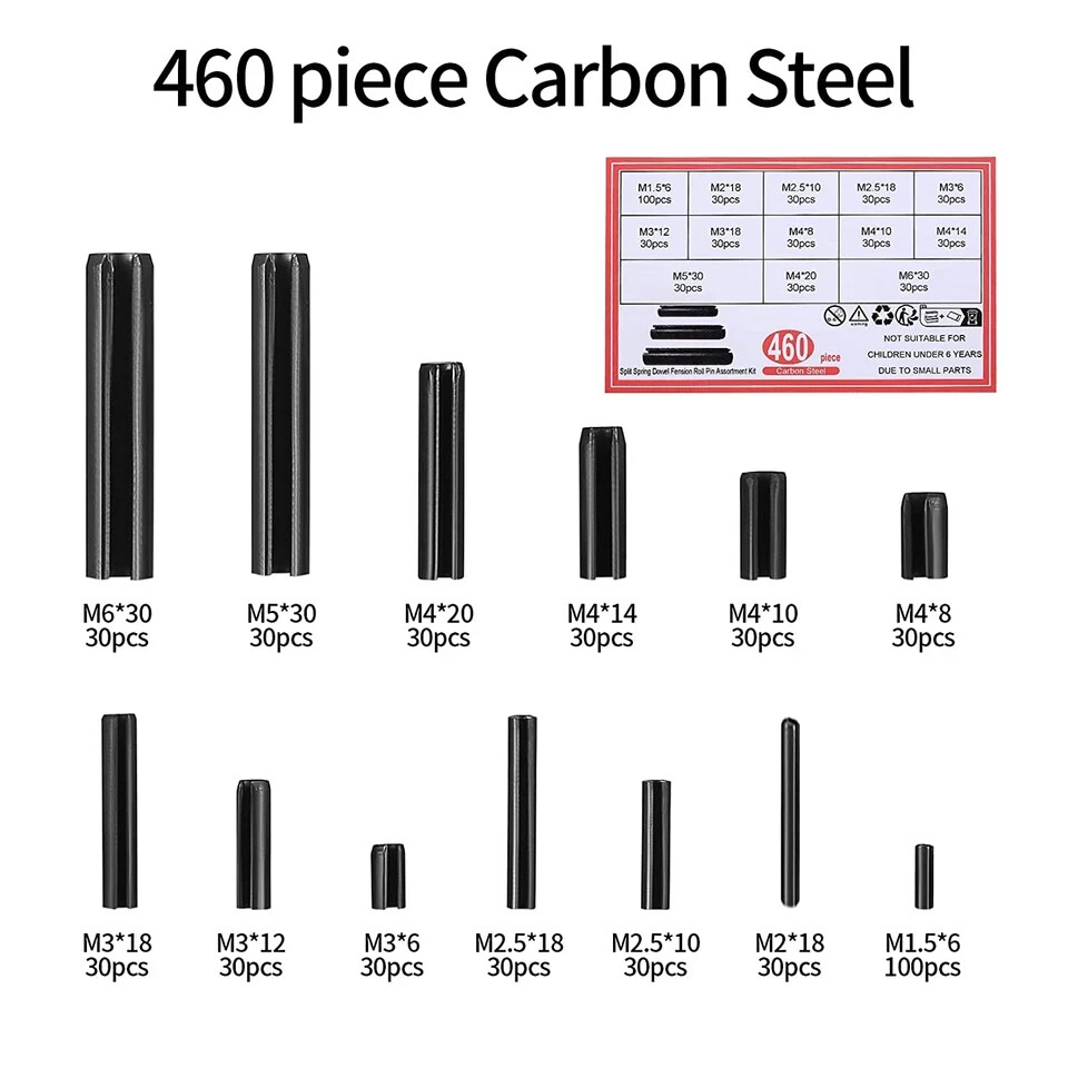 10/460 Roll Pin Assortment Set, Slotted Metric Spring Pins Split ...