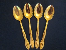SET 4 SOUP PLACE SPOONS! Vintage CONTINENTAL stainless: GOLD ELECTROPLATE: exc!