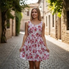 Forever 21 White Floral Pleated Waist Mini Dress Size M