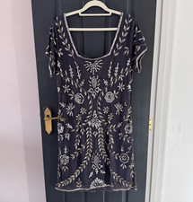 1930's / Great Gatsby style beaded dress - blue & gold - size L/14