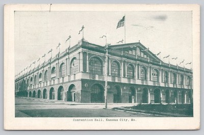Vintage Convention Hall Kansas City MO Postcard with US Flag