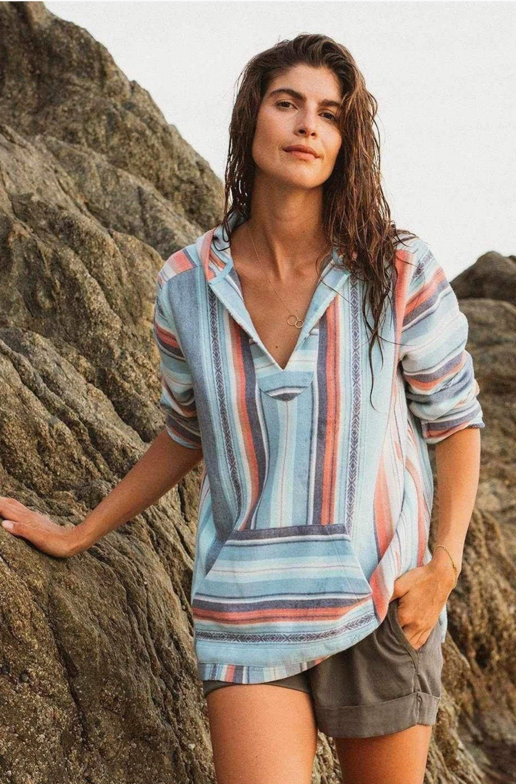 Faherty Baja Poncho Sierra Stripped Sweater Hoodie Aztec Coastal Nautical Beach