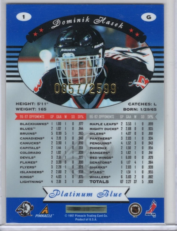 1997 Pinnacle Totally Certified Platinum Blue Dominik Hasek #1 Parallel/Variety - Image 2 of 2