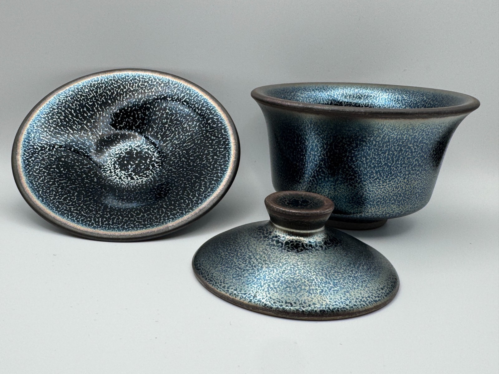 JIAN ZHAN Hand Made 3 PC Gaiwan Blue Silver Rabbit Hair Glaze and Elegant