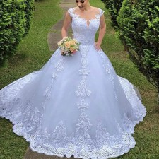 Classic V-neck Wedding Dresses Lace Train Plus Size Sleeveless Tulle Brial Gowns