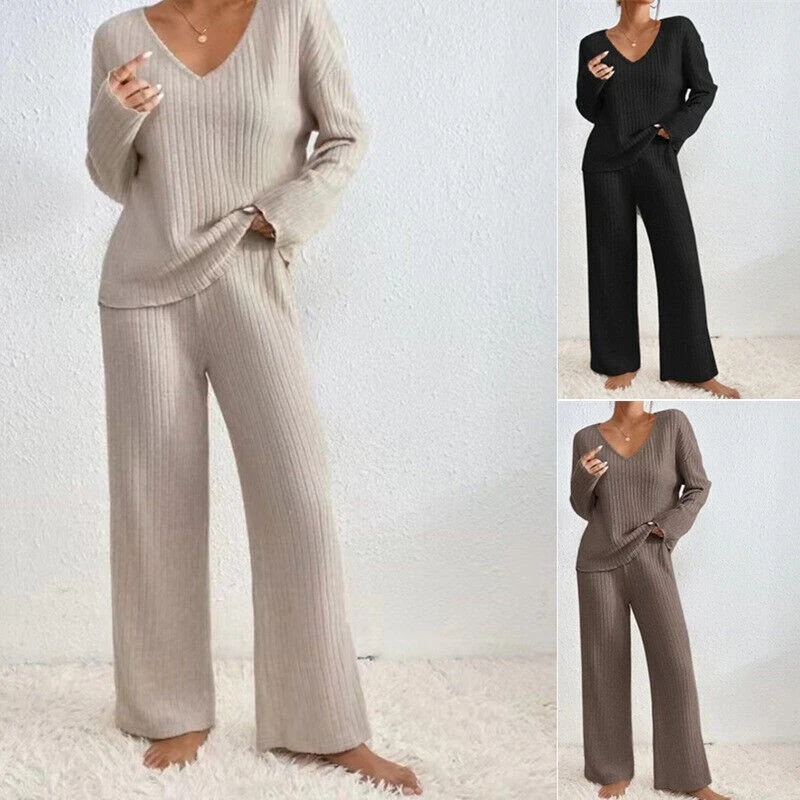 2PCs Ladies Lounge Wear Tracksuit Ribbed Knit Loose V Neck Tops Pants Casual Set - Image 4 of 4