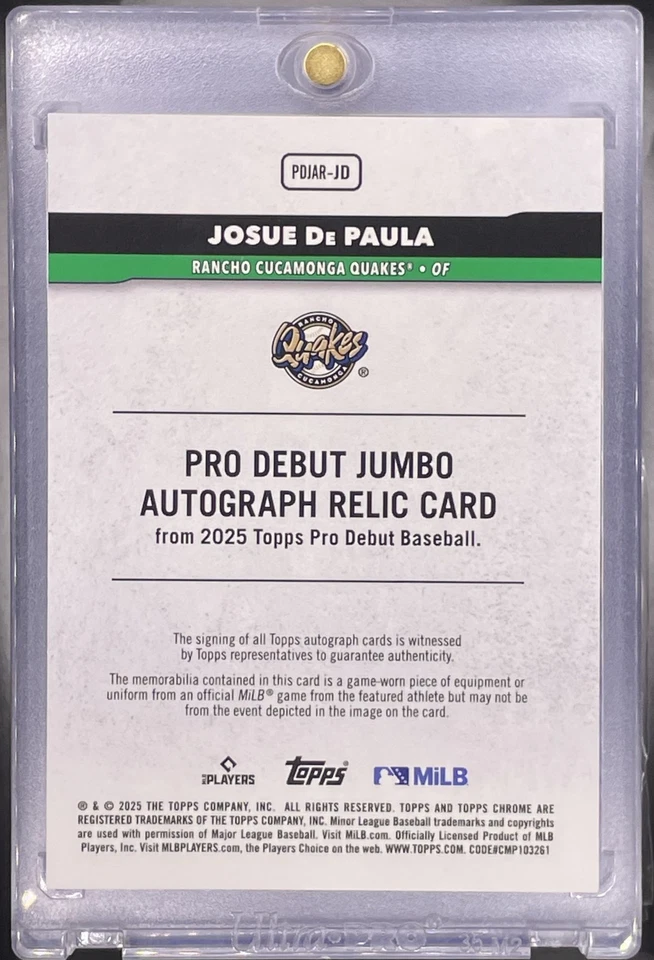 /400 Josue De Paula Rookie Patch Auto 2025 Topps Pro Debut Jumbo Game Used Relic - Image 2 of 2