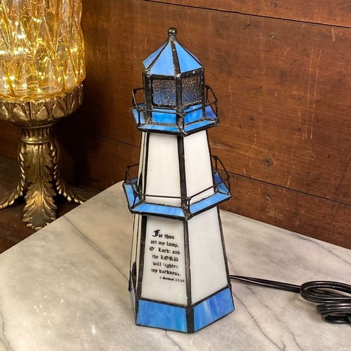 Vintage Stained Glass Lighthouse Building Table Lamp Light With Bible Verse Blue - Picture 2 of 10
