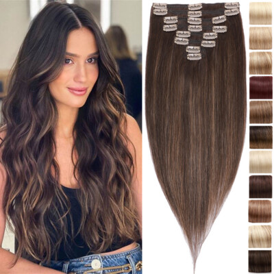 Clip In Thick Double Wefts Real Remy Human Hair Extensions Full Head 8 Pieces US