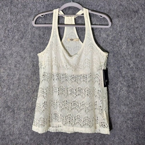 Ugg Tank Top XS Boho White Crochet Mesh Lightweight Built in bra Racerback Sheer