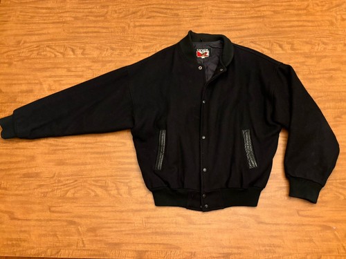 Vintage Canada Sportswear Varsity Bomber Blank Letterman Jacket Black Wool SZ Lrg - Bild 1 von 16