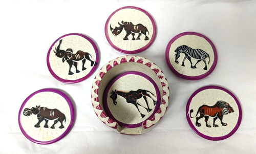 Traditional African Stone Made Coaster Set with Holder -- White & Pink - Picture 3 of 14