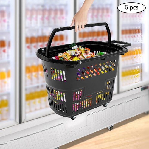 Black 35L Retail Cart Wheels w Handle Rolling Shopping Basket 6pc Trolley - Picture 7 of 12