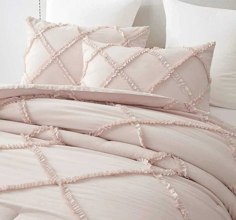 Blush Pink Washed Microfiber Bedding Set Diamond Ruffled Comforter Set and Shams - Image 2 of 4