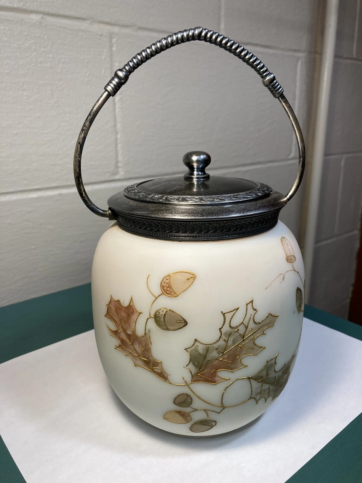 MW CROWN MILANO BURMEESE GLASS BISCUIT Jar W  OAK LEAVES AND ACORNS   1890's