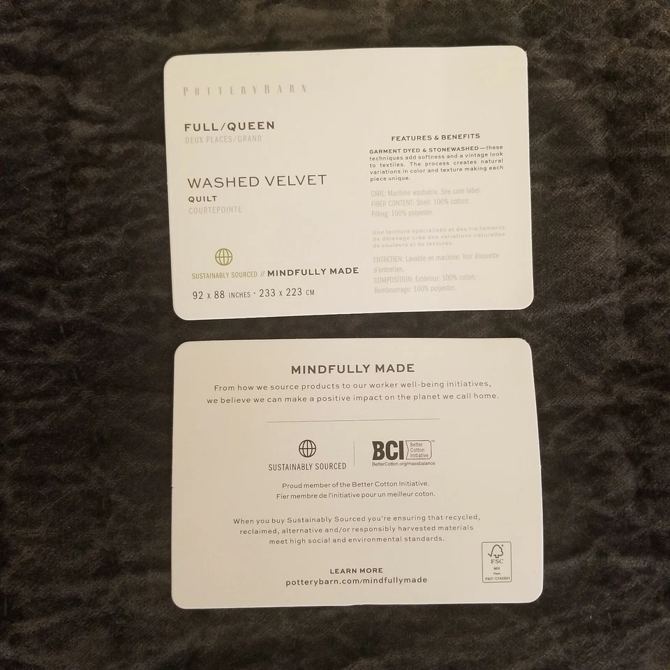 Pottery Barn Washed Velvet Handcrafted Quilt Full Queen Charcoal - Image 3 of 4