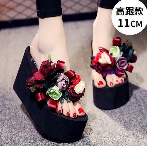 Womens Summer High Platform Wedge Heel Flip Flops Flower Decor High Slippers - Picture 4 of 21